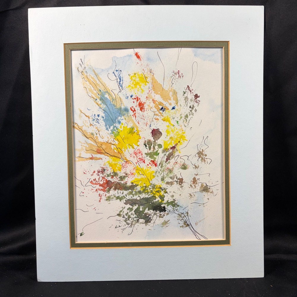 Helena Signed Original Abstract Floral Watercolor Ink Painting Mid Century Style